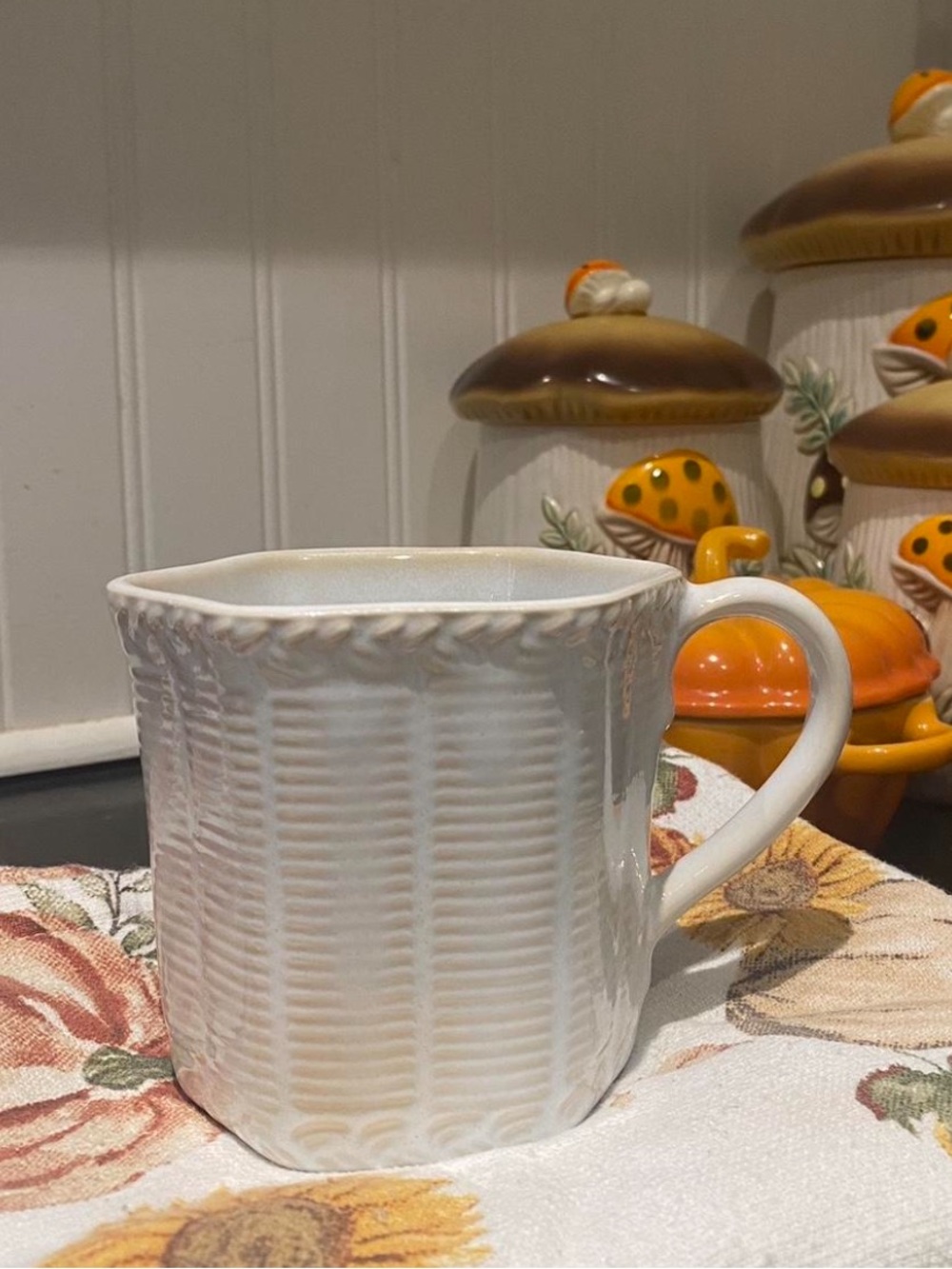 Anthropologie Cream Textured Ceramic Mug